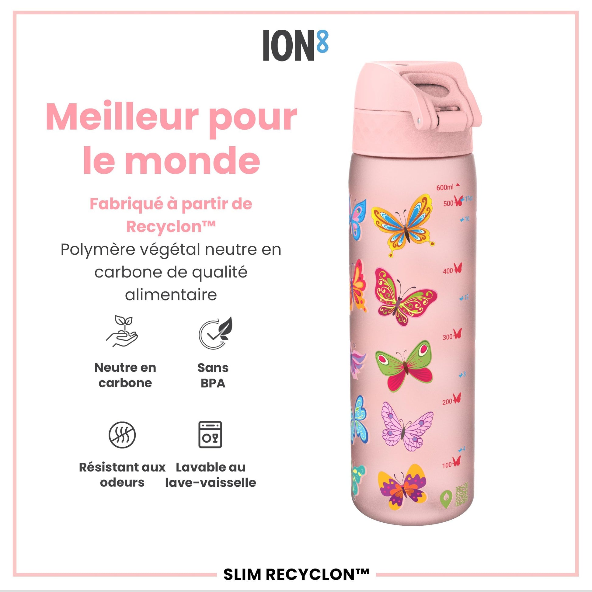 Ion8 Gourde, 500ml, Anti-Fuite, Facile à Ouvrir, Verrouillage Sécurisé, Lavable en Lave-vaisselle, Sans BPA, Poignée de Transport, S'adapte aux Porte-gobelets, Facile à Nettoyer, Motif Papillon - Cpourtoi.Net