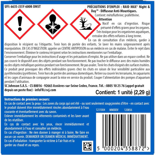 Raid Max Diffuseur Electrique Liquide Night & Day - Anti-Moustiques et Moustiques Tigres - Protection Longue Durée Jour & Nuit - Sans Parfum - 1 Diffuseur + 1 Recharge
