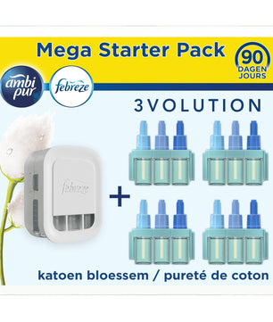 Megapack Febreze 3Volution Pureté De Coton avec diffuseur électrique et 4 recharges de 20ml, désodorisant maison longue durée, Cpourtoi.Net