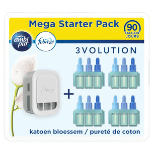 Megapack Febreze 3Volution Pureté De Coton avec diffuseur électrique et 4 recharges de 20ml, désodorisant maison longue durée, Cpourtoi.Net