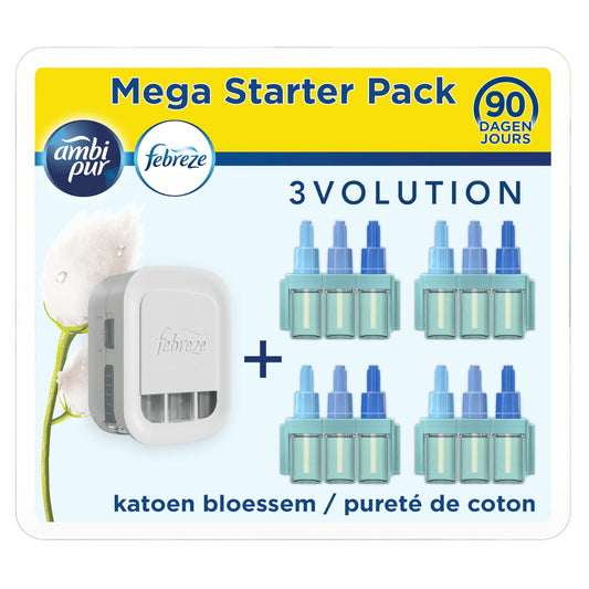 Megapack Febreze 3Volution Pureté De Coton avec diffuseur électrique et 4 recharges de 20ml, désodorisant maison longue durée, Cpourtoi.Net