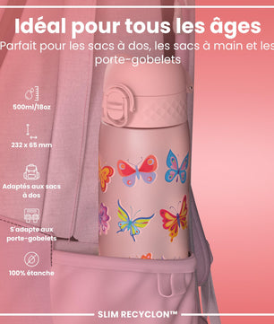 Ion8 Gourde, 500ml, Anti-Fuite, Facile à Ouvrir, Verrouillage Sécurisé, Lavable en Lave-vaisselle, Sans BPA, Poignée de Transport, S'adapte aux Porte-gobelets, Facile à Nettoyer, Motif Papillon - Cpourtoi.Net
