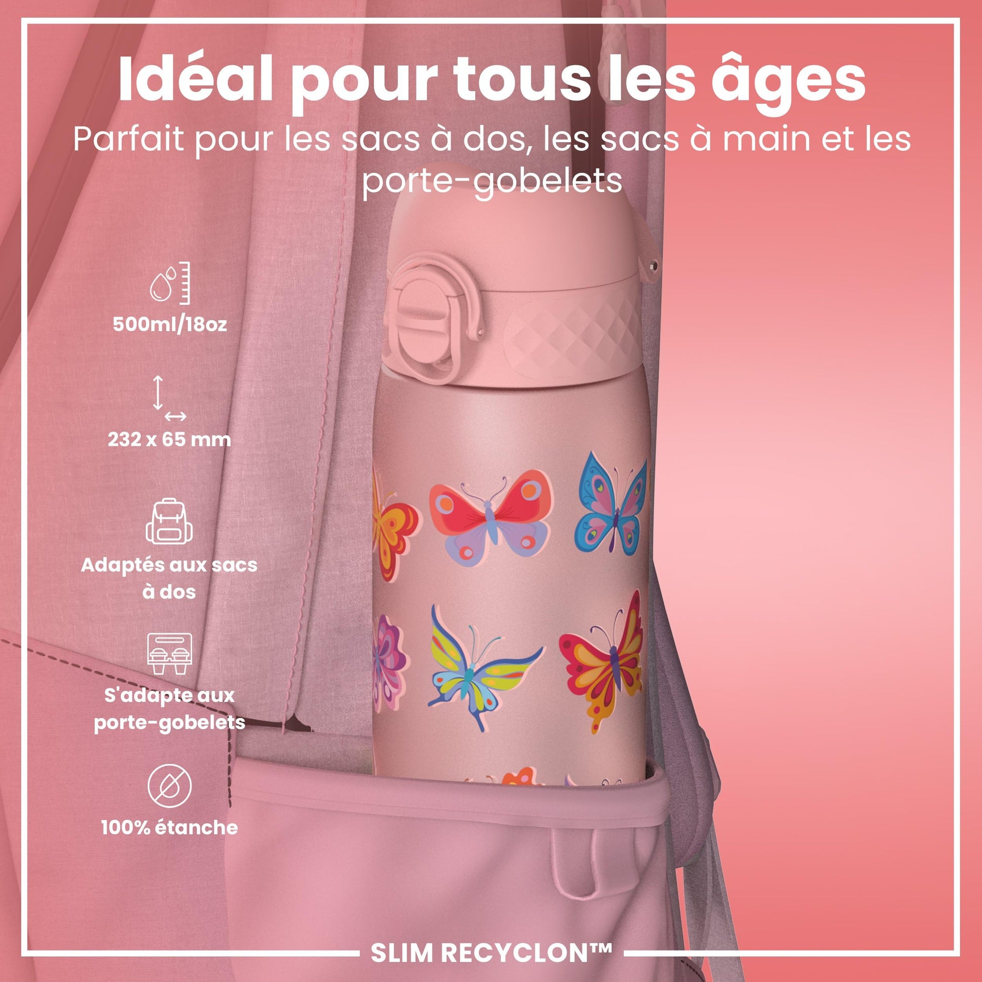 Ion8 Gourde, 500ml, Anti-Fuite, Facile à Ouvrir, Verrouillage Sécurisé, Lavable en Lave-vaisselle, Sans BPA, Poignée de Transport, S'adapte aux Porte-gobelets, Facile à Nettoyer, Motif Papillon - Cpourtoi.Net