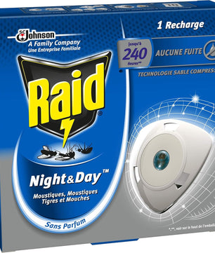 Raid Recharge Pour Diffuseur Électrique Night et Day Mouches, Moustiques et Moustiques Tigres, 240 heures