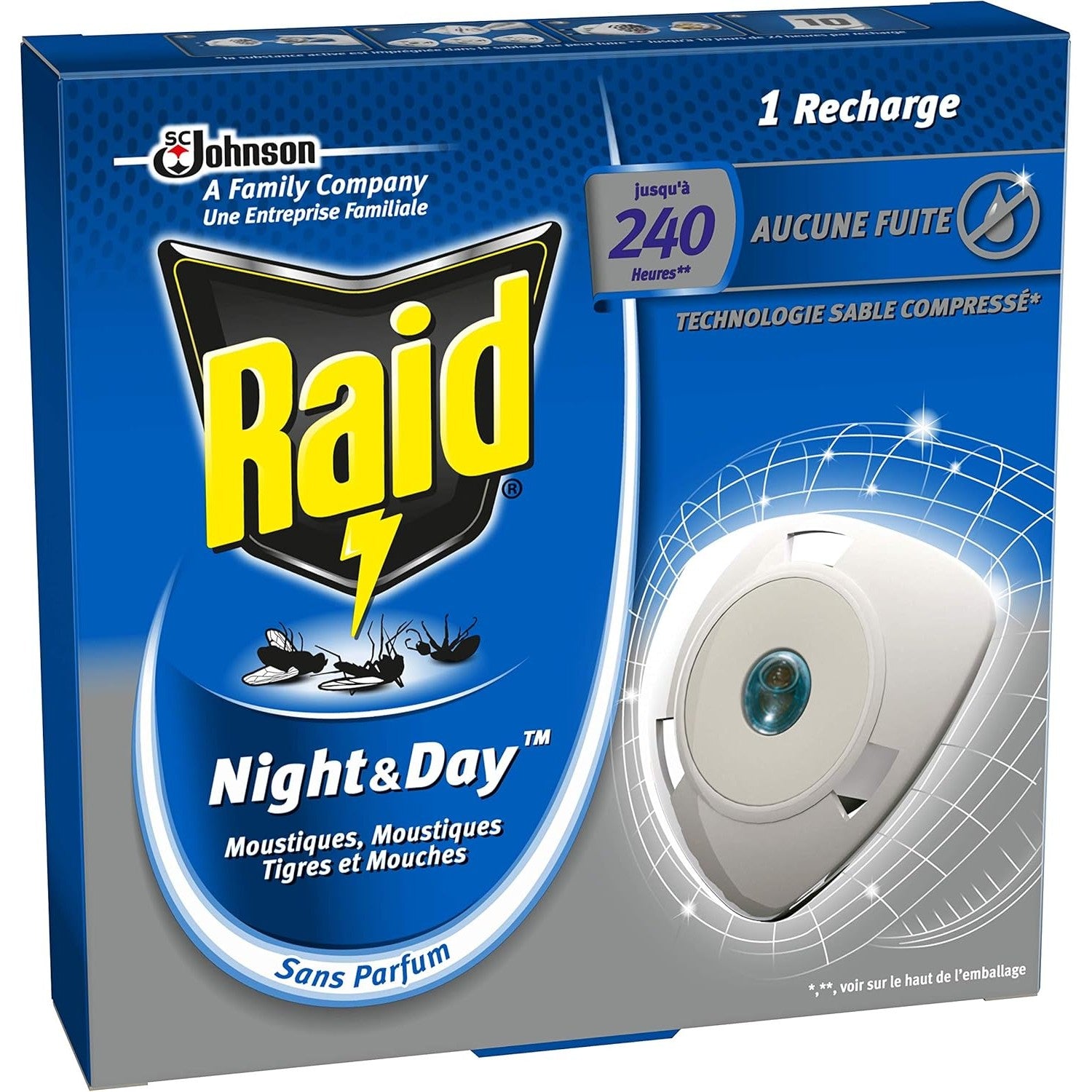 Raid Recharge Pour Diffuseur Électrique Night et Day Mouches, Moustiques et Moustiques Tigres, 240 heures