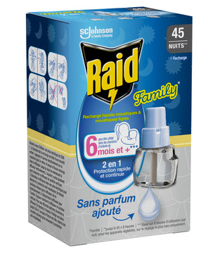 Diffuseur électrique moustiques Raid Family enfants avec recharge sans parfum, protection 45 nuits dès 6 mois, format boîte verticale.