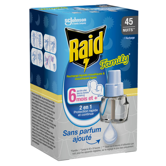 Diffuseur électrique moustiques Raid Family enfants avec recharge sans parfum, protection 45 nuits dès 6 mois, format boîte verticale.