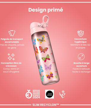 Ion8 Gourde, 500ml, Anti-Fuite, Facile à Ouvrir, Verrouillage Sécurisé, Lavable en Lave-vaisselle, Sans BPA, Poignée de Transport, S'adapte aux Porte-gobelets, Facile à Nettoyer, Motif Papillon - Cpourtoi.Net
