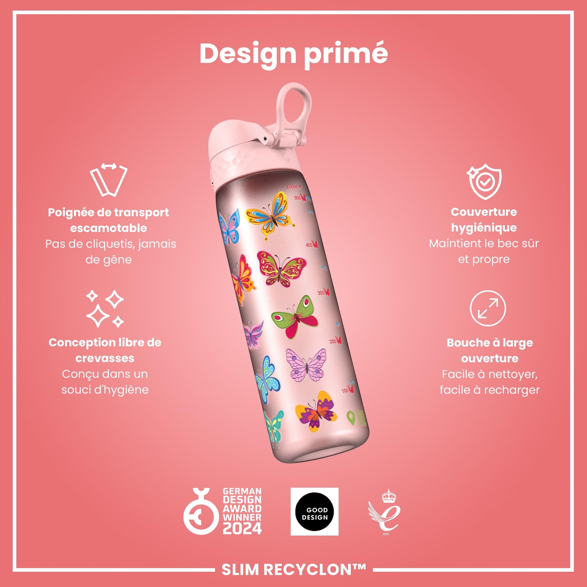 Ion8 Gourde, 500ml, Anti-Fuite, Facile à Ouvrir, Verrouillage Sécurisé, Lavable en Lave-vaisselle, Sans BPA, Poignée de Transport, S'adapte aux Porte-gobelets, Facile à Nettoyer, Motif Papillon - Cpourtoi.Net