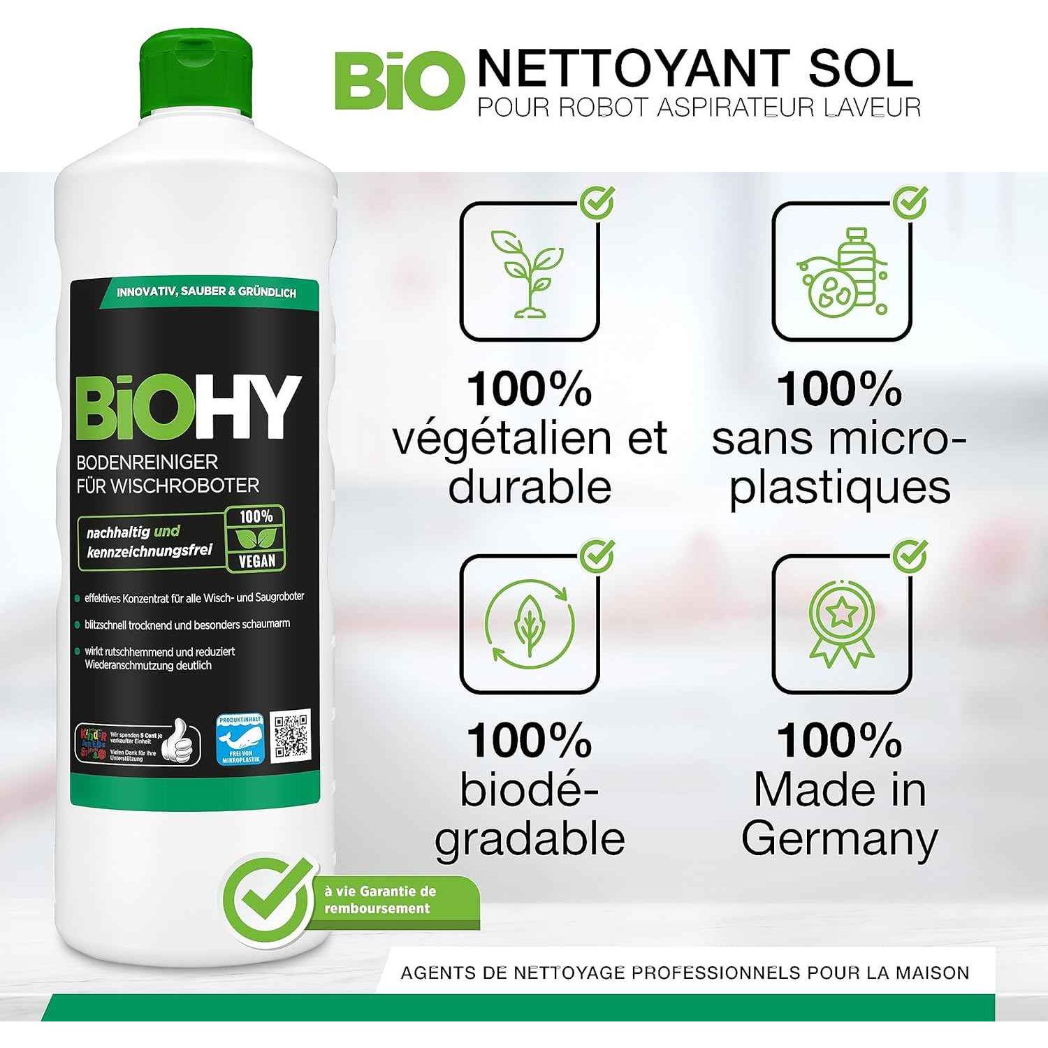 BiOHY Nettoyant de sol pour robot aspirateur laveur (12 x 1l Bouteille) | concentré pour tous les robots d'essuyage et d'aspiration à fonction humide | durable & écologique (Wischroboter)