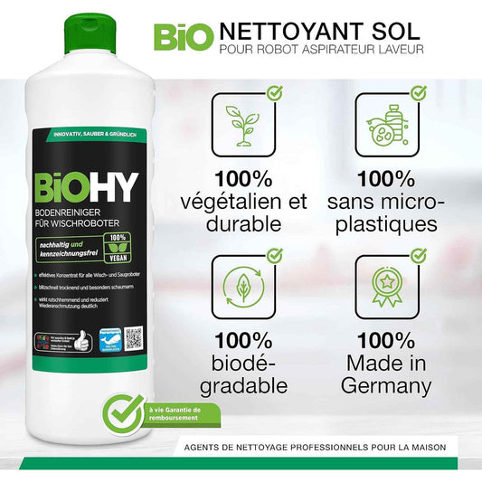 BiOHY Nettoyant de sol pour robot aspirateur laveur (12 x 1l Bouteille) | concentré pour tous les robots d'essuyage et d'aspiration à fonction humide | durable & écologique (Wischroboter)