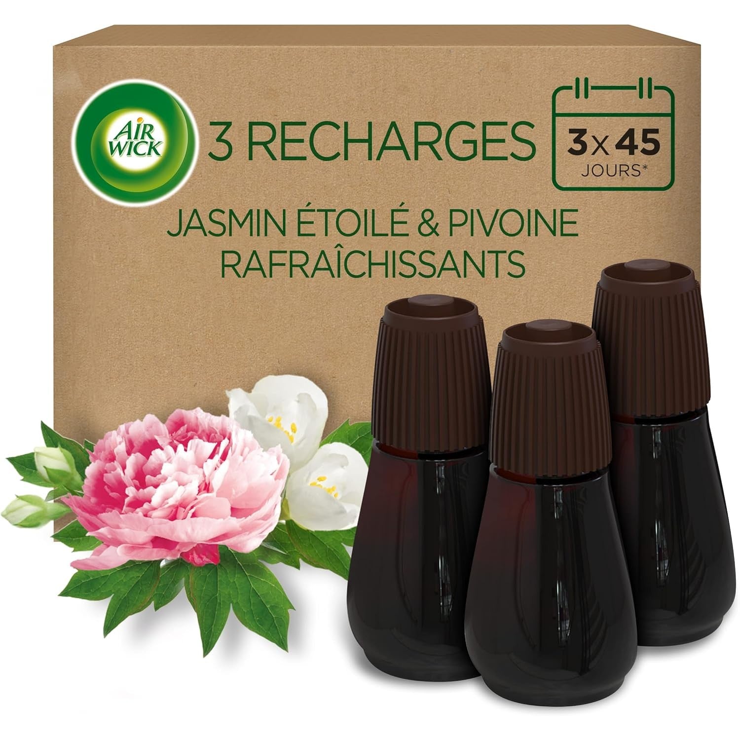 Air Wick Recharges Diffuseur d'Huiles Essentielles Essential Mist Parfum Jasmin/Pivoine 20 ML, Lot de 3