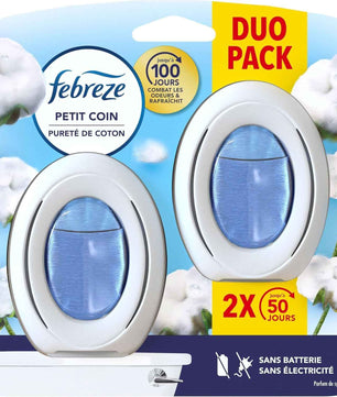 Febreze Petit Coin Pureté De Coton, Désodorisant WC Sans Électricité, Combat et Prévient les Odeurs, Technologie OdourClear, Protège les Surfaces Souples, Activation Simple, Fraîcheur Jusqu'à 50 Jours