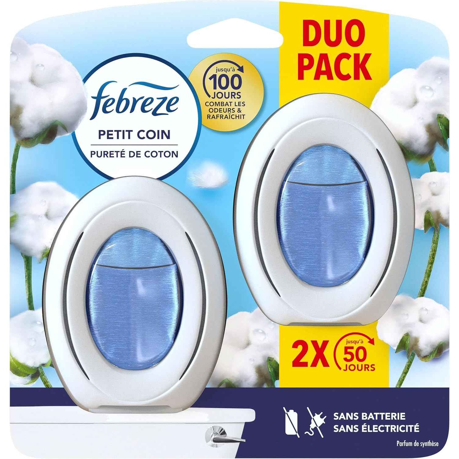 Febreze Petit Coin Pureté De Coton, Désodorisant WC Sans Électricité, Combat et Prévient les Odeurs, Technologie OdourClear, Protège les Surfaces Souples, Activation Simple, Fraîcheur Jusqu'à 50 Jours
