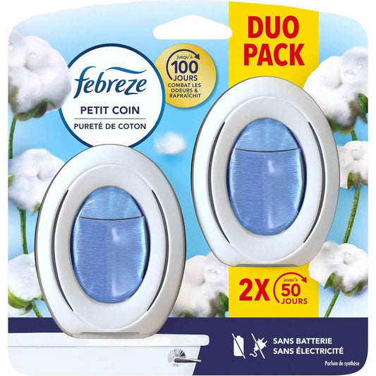 Febreze Petit Coin Pureté De Coton, Désodorisant WC Sans Électricité, Combat et Prévient les Odeurs, Technologie OdourClear, Protège les Surfaces Souples, Activation Simple, Fraîcheur Jusqu'à 50 Jours