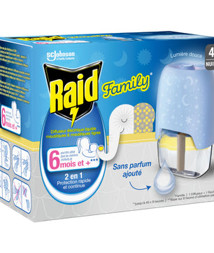 Pack Raid Family diffuseur électrique anti-moustiques avec recharge, lumière douce et protection continue 45 nuits, sans parfum pour enfants.