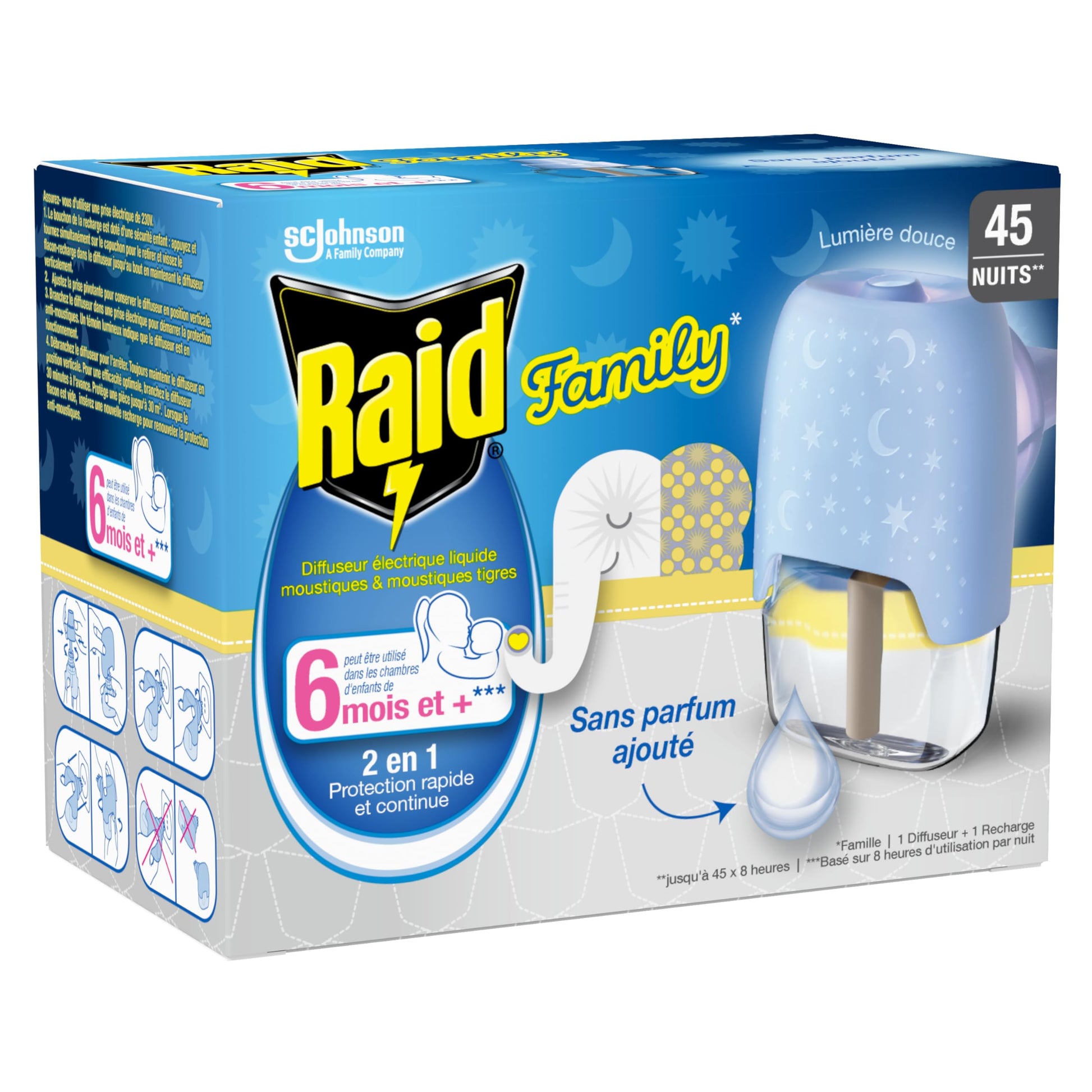 Pack Raid Family diffuseur électrique anti-moustiques avec recharge, lumière douce et protection continue 45 nuits, sans parfum pour enfants.