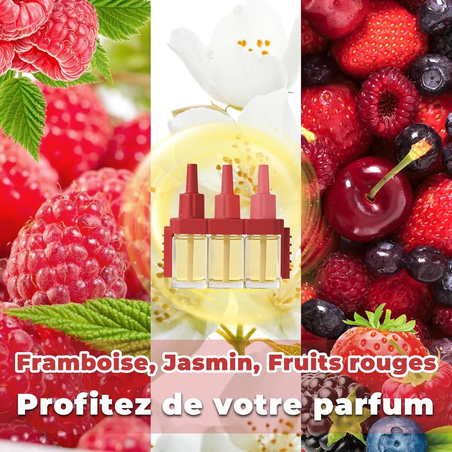 Recharges pour Diffuseur Électrique, Compatible avec Febreze 3Volution Recharges de Désodorisant, Parfum Hawaïi,Vanille, Santal, Framboise, Jasmin, Baies 8x20ml, 3 Parfums en Alternance