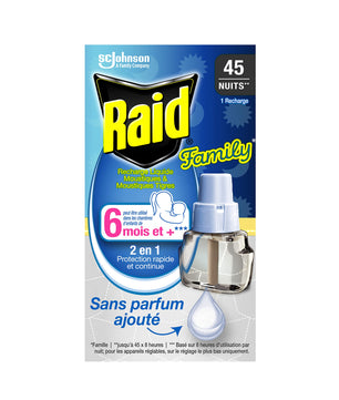 Recharge Raid Family diffuseur électrique anti-moustiques sans parfum, 45 nuits d'efficacité, adaptée aux chambres d'enfants dès 6 mois.