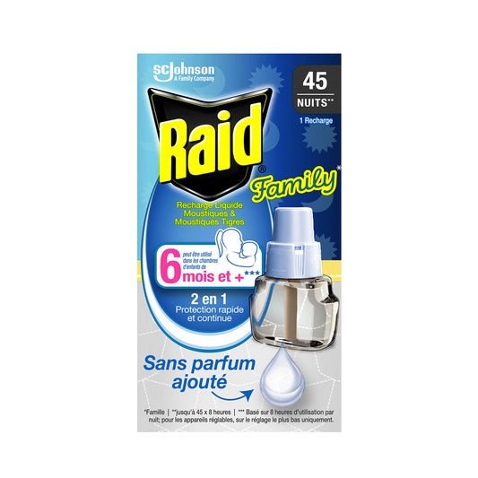 Recharge Raid Family diffuseur électrique anti-moustiques sans parfum, 45 nuits d'efficacité, adaptée aux chambres d'enfants dès 6 mois.