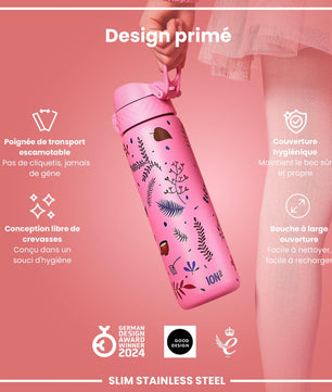 Ion8 Gourde Inox Léger, 600ml, Non Isolé, Anti-Fuite, Facile à Ouvrir, Verrouillage Sécurisé, Lavable au Lave-Vaisselle, Poignée de Transport, Durable, Acier Inoxydable, Flamant - Cpourtoi.Net