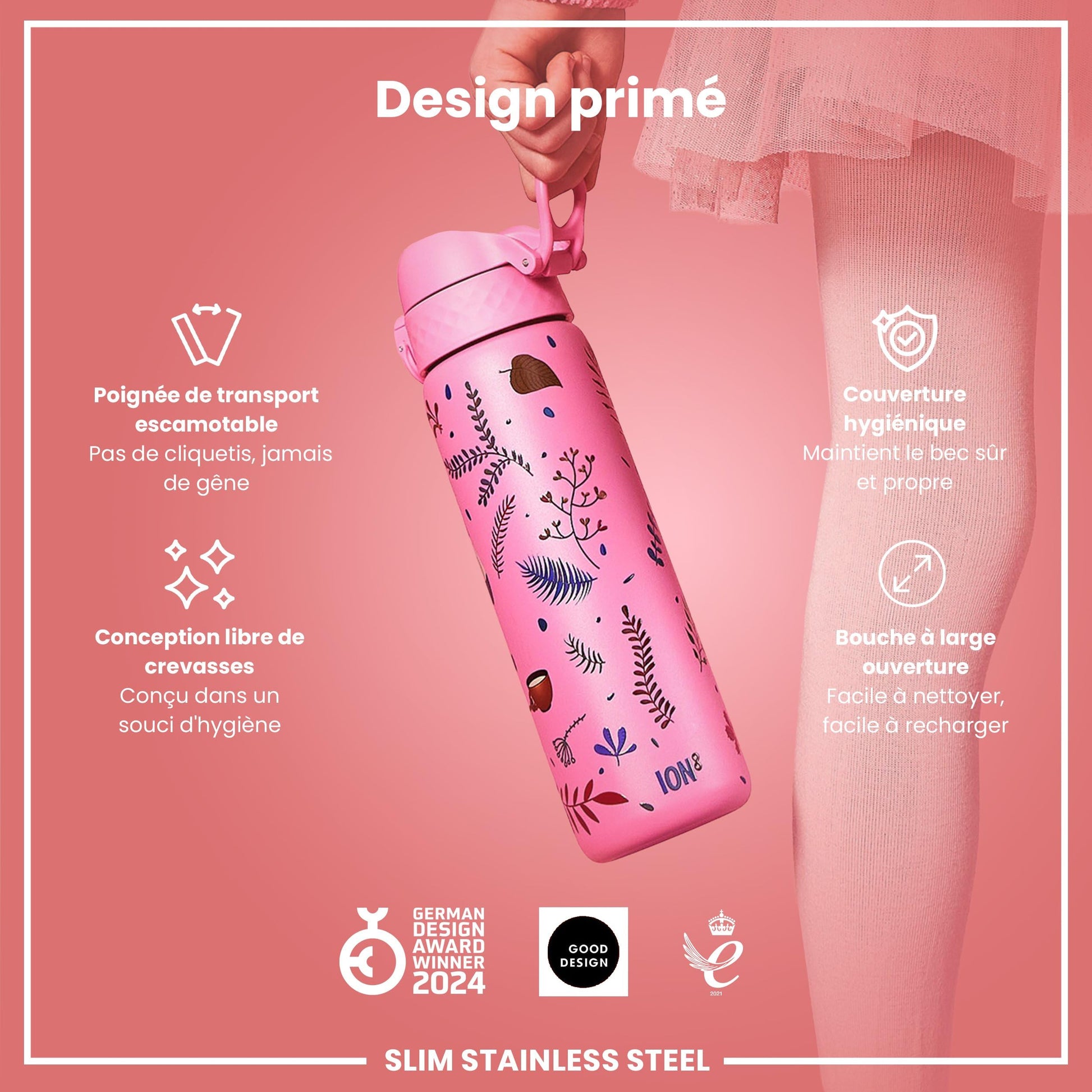 Ion8 Gourde Inox Léger, 600ml, Non Isolé, Anti-Fuite, Facile à Ouvrir, Verrouillage Sécurisé, Lavable au Lave-Vaisselle, Poignée de Transport, Durable, Acier Inoxydable, Flamant - Cpourtoi.Net