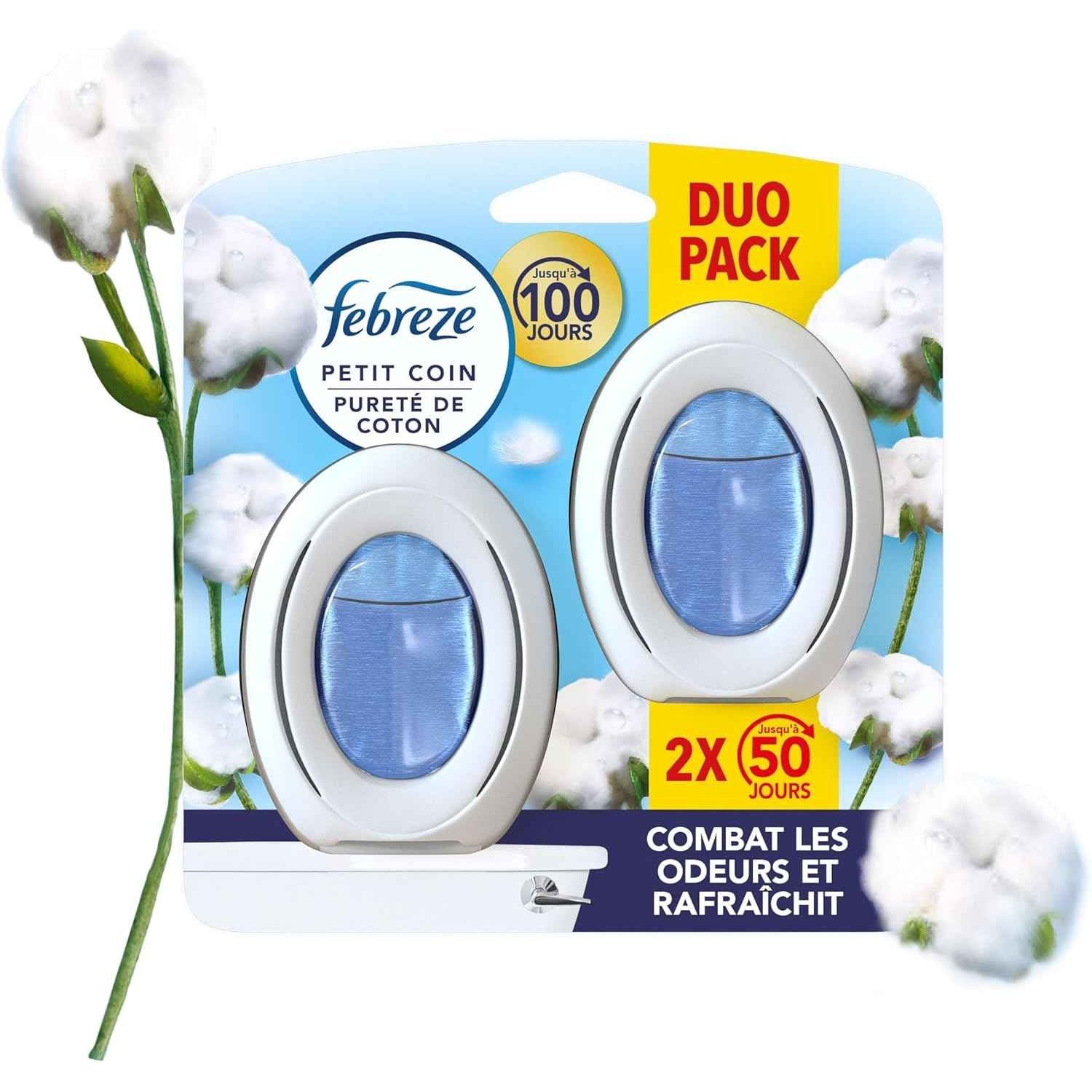 Febreze Petit Coin Pureté De Coton, Désodorisant WC Sans Électricité, Combat et Prévient les Odeurs, Technologie OdourClear, Protège les Surfaces Souples, Activation Simple, Fraîcheur Jusqu'à 50 Jours