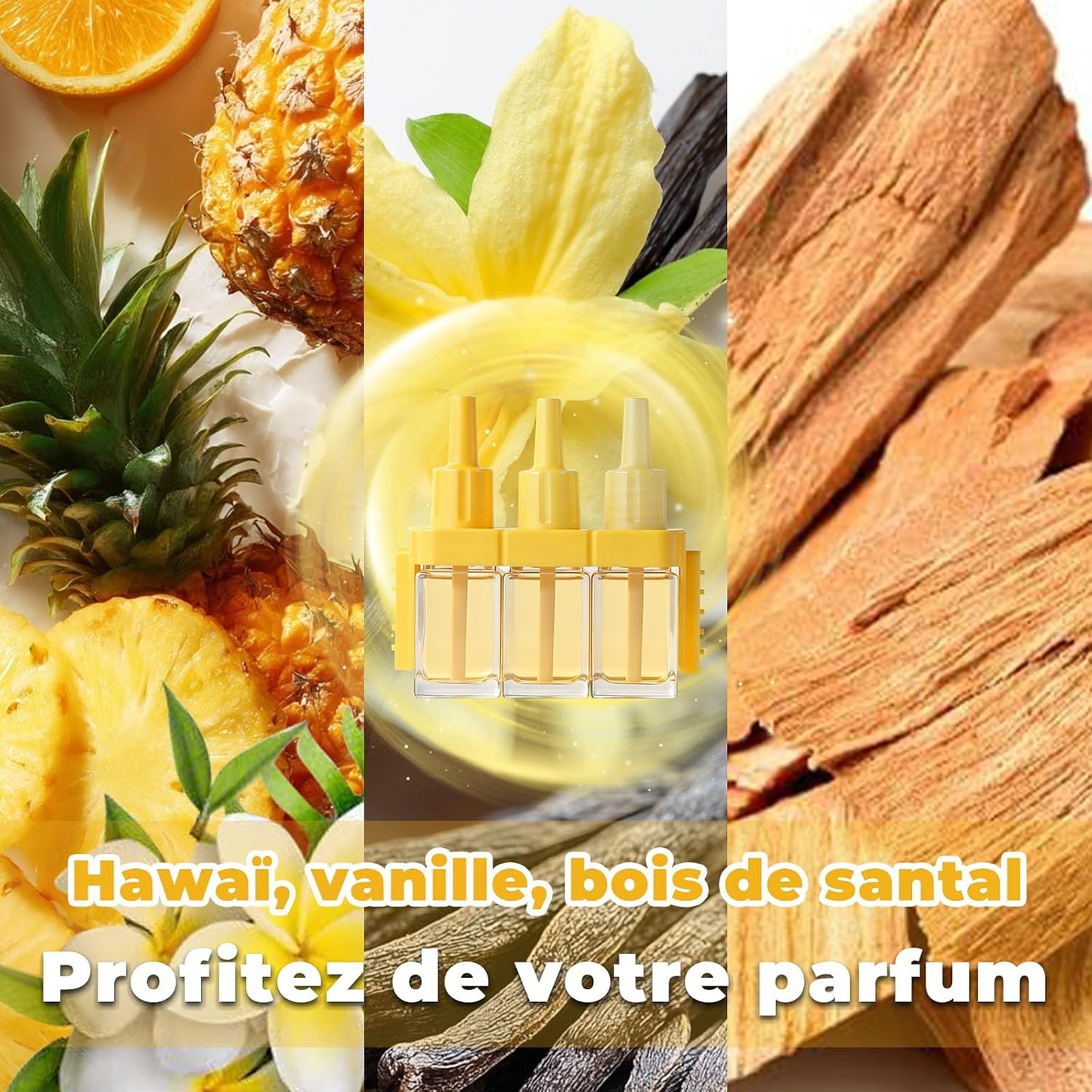 Recharges pour Diffuseur Électrique, Compatible avec Febreze 3Volution Recharges de Désodorisant, Parfum Hawaïi,Vanille, Santal, Framboise, Jasmin, Baies 8x20ml, 3 Parfums en Alternance