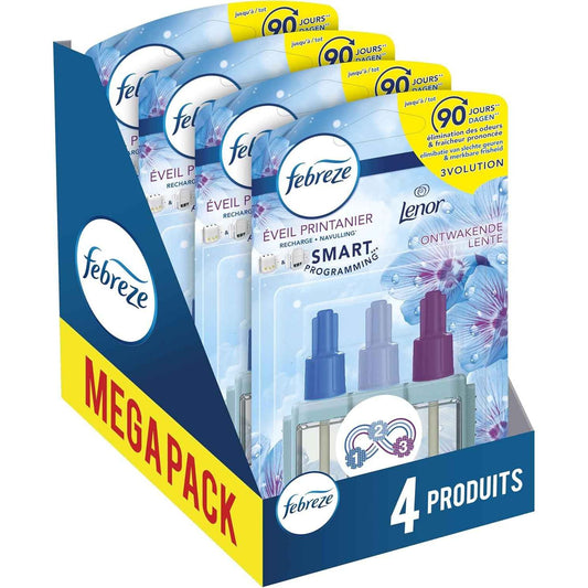 Febreze 3Volution Recharges Eveil Printanier pour Diffuseur Électrique, 4 x 20ml, Désodorisant Maison avec Programmation Intelligente, Technologie OdourClear, Jusqu'à 80 Jours