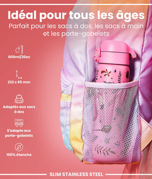Ion8 Gourde Inox Léger, 600ml, Non Isolé, Anti-Fuite, Facile à Ouvrir, Verrouillage Sécurisé, Lavable au Lave-Vaisselle, Poignée de Transport, Durable, Acier Inoxydable, Flamant - Cpourtoi.Net