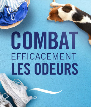 Visuel avec chien, chaussures et linge, soulignant l'efficacité du Febreze 3Volution Fleur Naissante contre les odeurs tenaces à la maison.