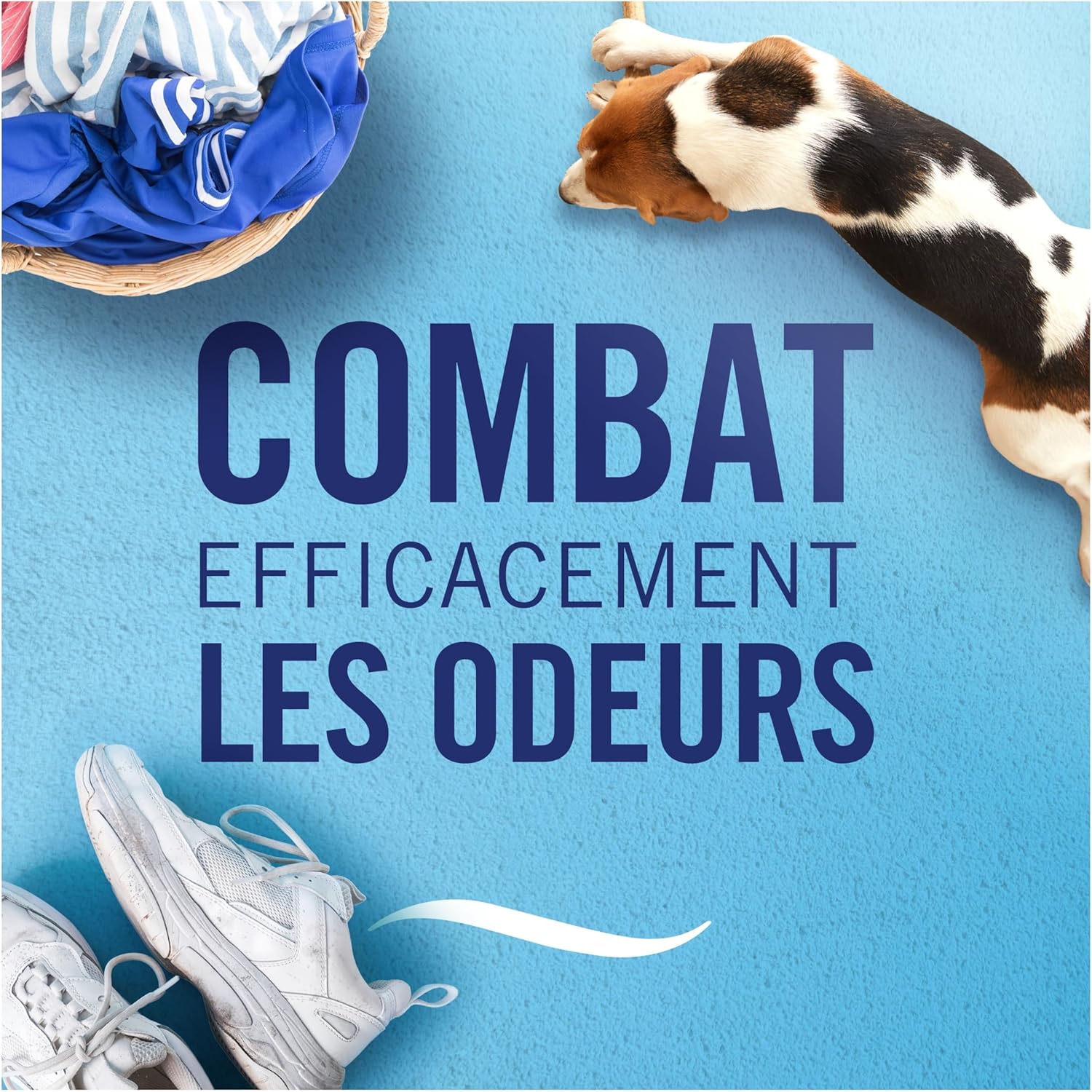 Visuel avec chien, chaussures et linge, soulignant l'efficacité du Febreze 3Volution Fleur Naissante contre les odeurs tenaces à la maison.