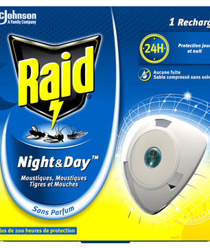 Raid Recharge Pour Diffuseur Électrique Night et Day Mouches, Moustiques et Moustiques Tigres, 240 heures