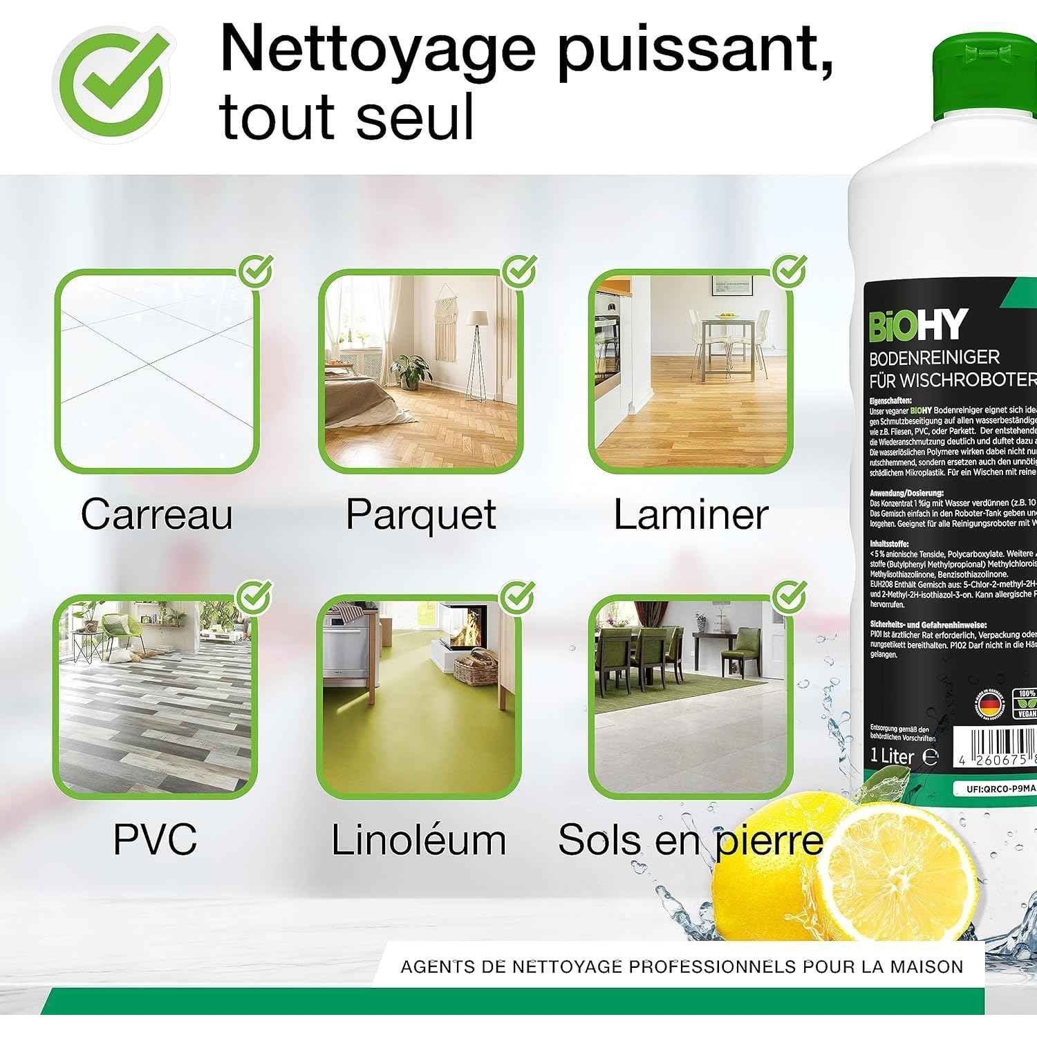 BiOHY Nettoyant de sol pour robot aspirateur laveur (12 x 1l Bouteille) | concentré pour tous les robots d'essuyage et d'aspiration à fonction humide | durable & écologique (Wischroboter)