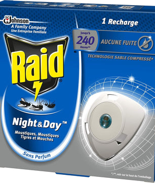 Raid Recharge Pour Diffuseur Électrique Night et Day Mouches, Moustiques et Moustiques Tigres, 240 heures