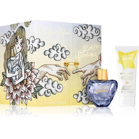 Coffret Lolita Lempicka Mon Premier EDP 50 ml avec lait corporel 70 ml, parfum floral et doux, packaging coloré.