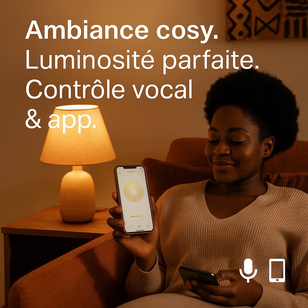 Femme détendue dans un salon cosy, contrôlant l’ampoule connectée Tapo LED via application mobile pour une ambiance lumineuse parfaite.