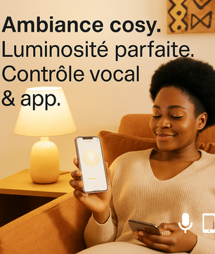 Femme contrôlant une ampoule connectée WiFi Tapo LED via smartphone, créant une ambiance cosy avec lumière chaude dimmable E27 2700K.