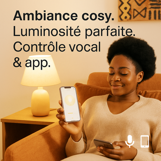 Femme contrôlant une ampoule connectée WiFi Tapo LED via smartphone, créant une ambiance cosy avec lumière chaude dimmable E27 2700K.