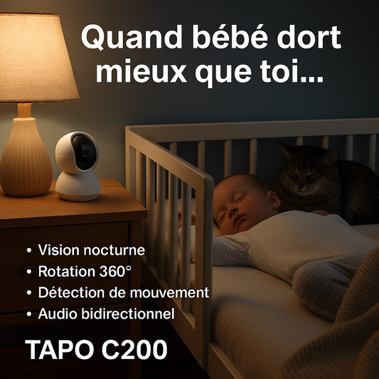 Caméra Tapo C200 1080P WiFi surveillant un bébé dormant dans un berceau, avec vision nocturne et détection de mouvement activées.
