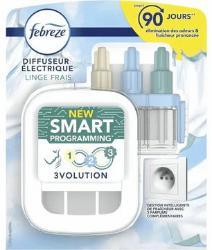 FEBREZE Diffuseur Anti-Odeurs - Désodorisant Électrique 3Volution avec programmation intelligente et parfums Linge Frais. Jusqu'à 90 jours de fraîcheur continue.