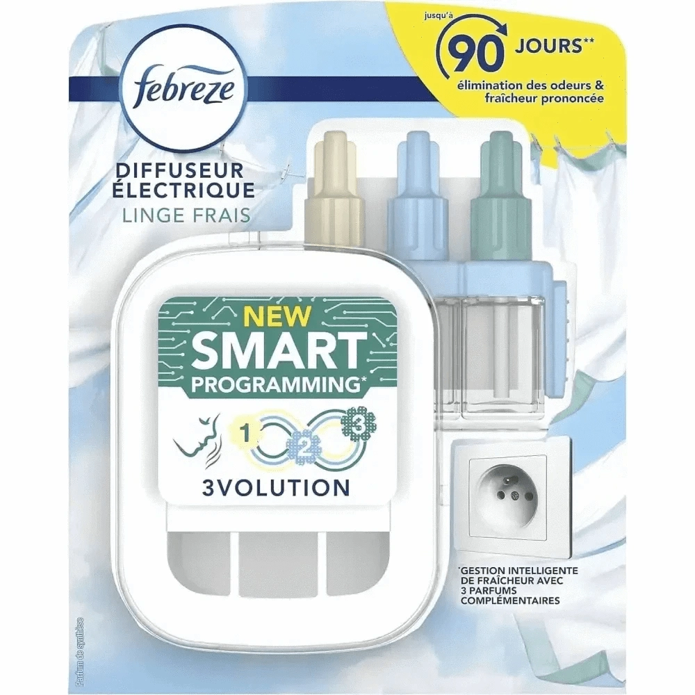 Diffuseur Électrique Febreze 3Volution Linge Frais - Élimine les Odeurs avec Gestion Intelligente de Fraîcheur et 3 Parfums