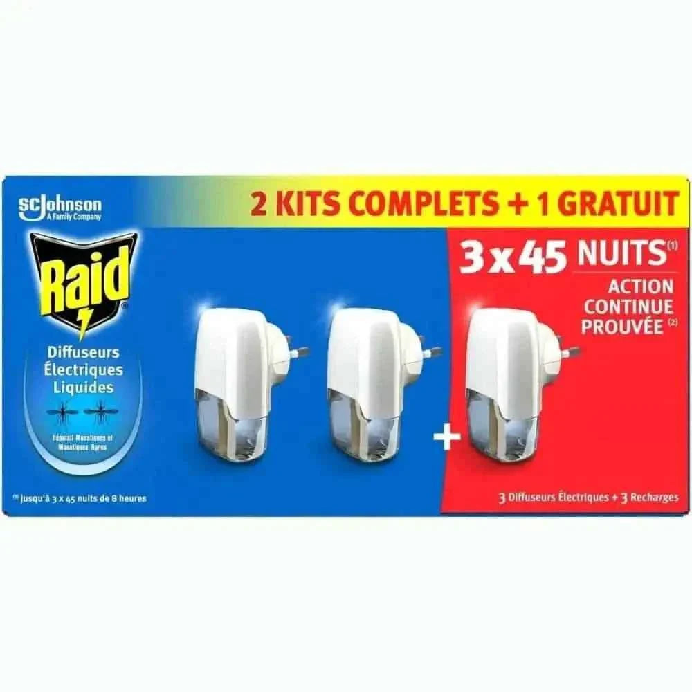 Raid Diffuseur Moustiques Mega Pack Trio Protection Nuit Confort Famille 3 Diffuseurs Électriques
