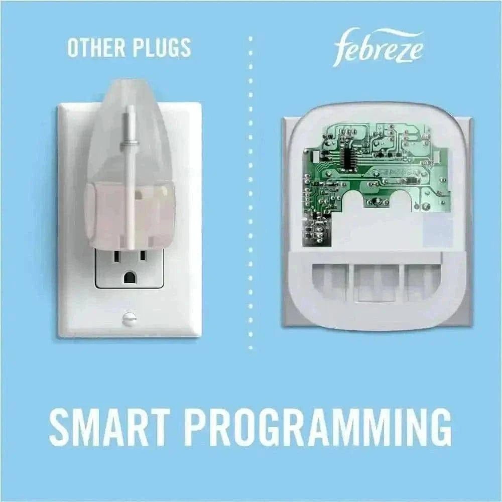 Comparison of FEBREZE smart plug with other plugs, showcasing unique smart programming features.