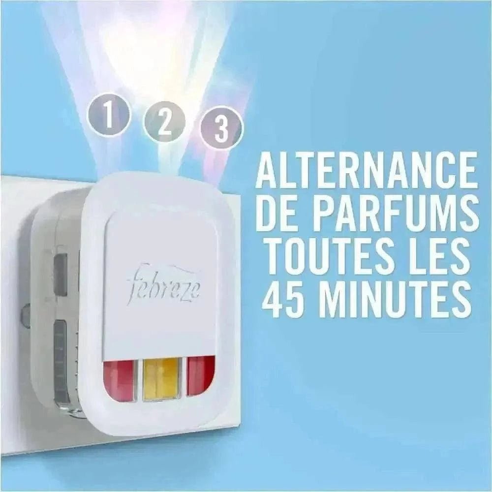 Dispositif FEBREZE avec alternance de parfums toutes les 45 minutes, offrant une fraîcheur continue.