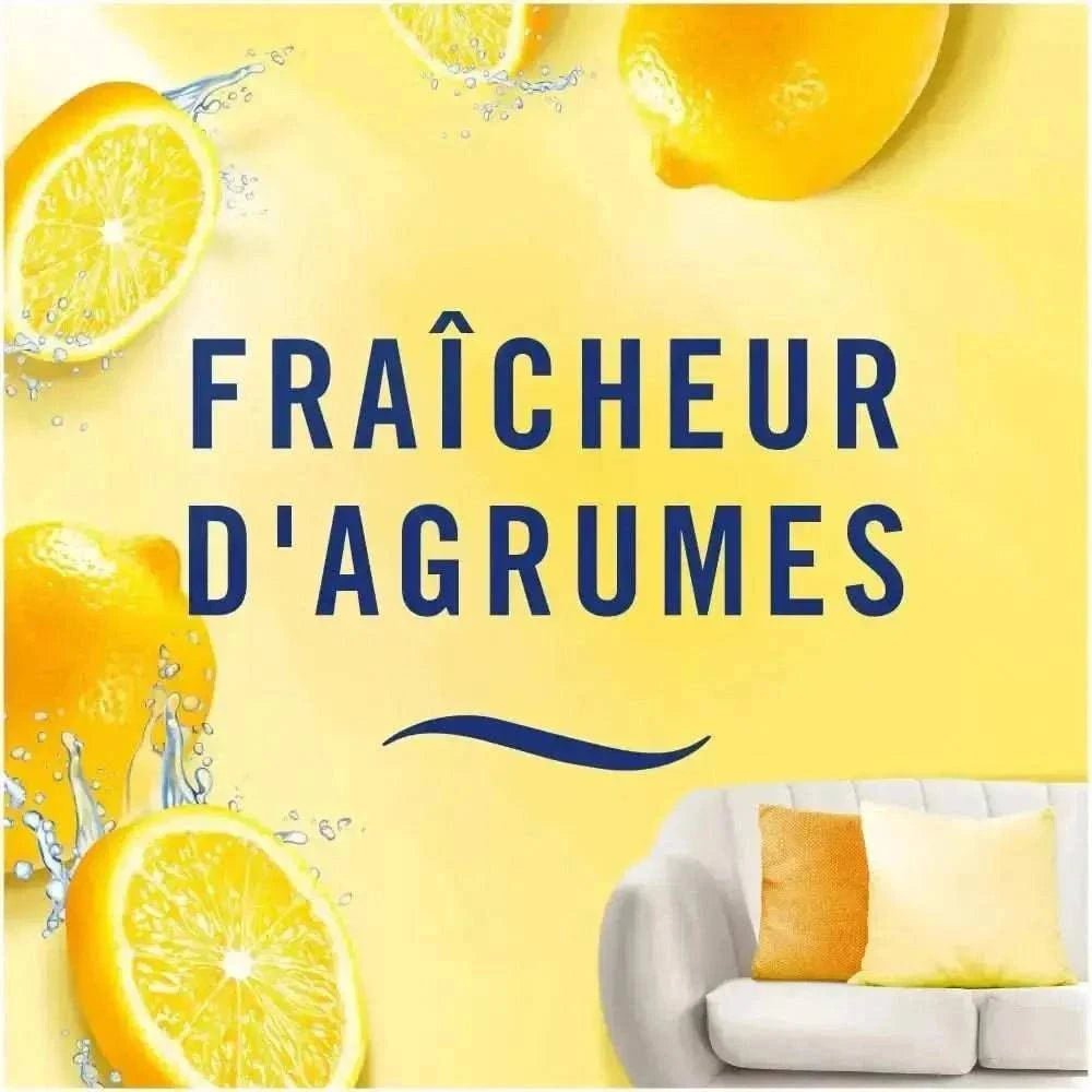 Visuel illustrant la fraîcheur d'agrumes, avec citrons sur fond jaune et un salon moderne.
