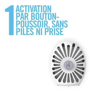 Activation simple du désodorisant Febreze Petit Coin sans piles ni prise, par bouton-poussoir.