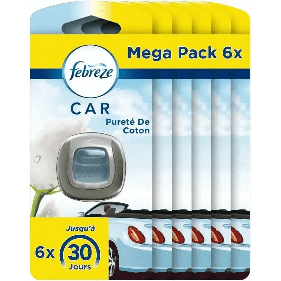 Febreze voiture pack de 6 Désodorisant - Pureté de Coton - Fraîcheur Durable - Cpourtoi.Net