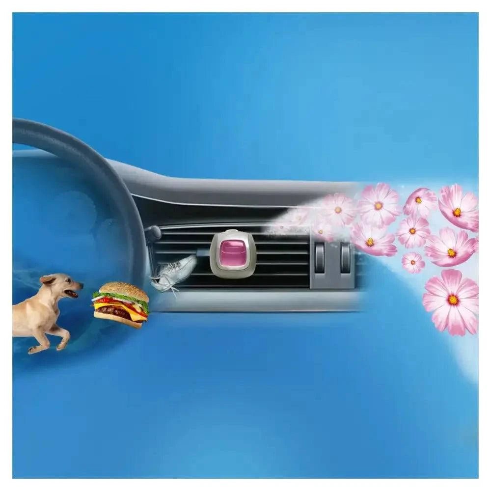 Aérateur de voiture avec désodorisant Febreze et chien poursuivant un hamburger