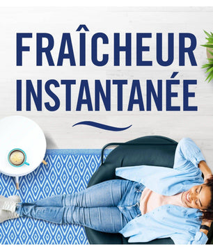 Publicité Febreze Spray Rosée du Matin illustrant une sensation de fraîcheur instantanée dans un intérieur moderne et relaxant.